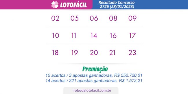 Resultado lotofacil hoje 2726
