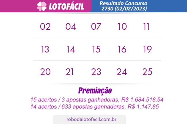 Resultado lotofacil Concurso 2730